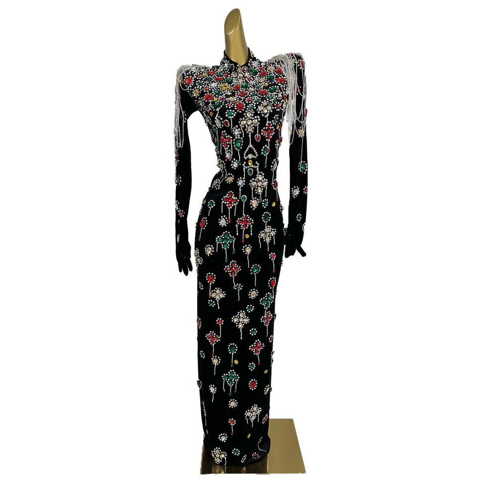 Ženy Čierne zamatové šaty Bodycon Way Wareful SmopeNestone Večerné šaty s rukavicami rukávový kokteil koktail narodeninové šaty prom kostýmy