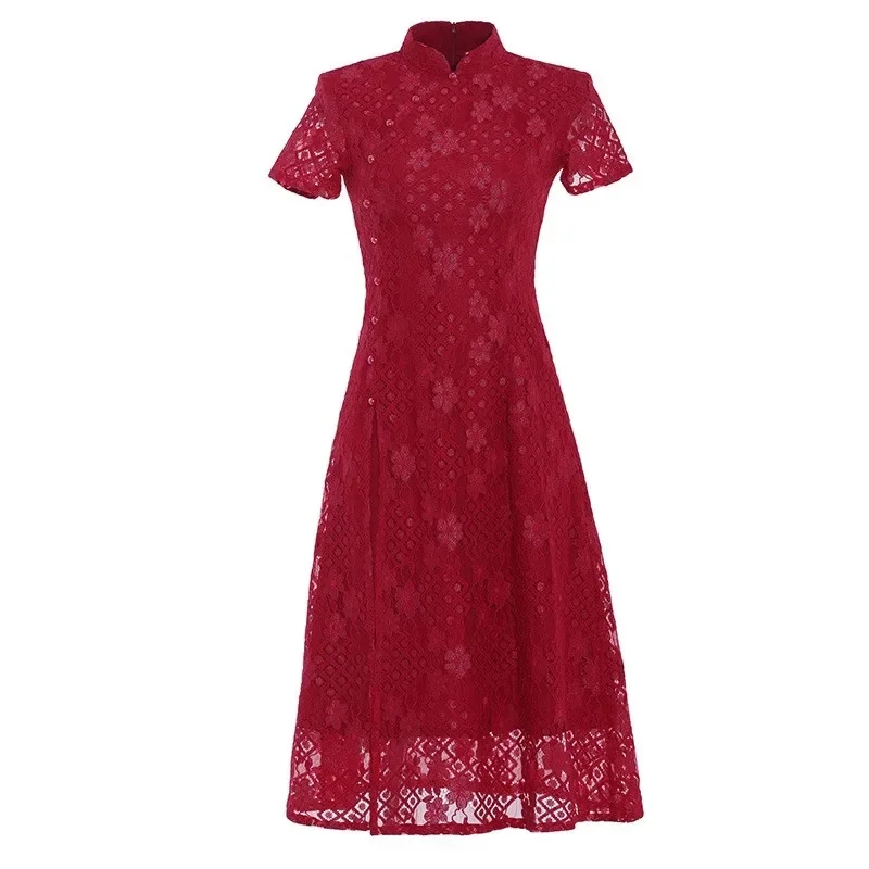 Ženy Číňané tradičné dutiny čipky cheongsam elegantné sťahovacie šaty s krátkym rukávom Mandarin