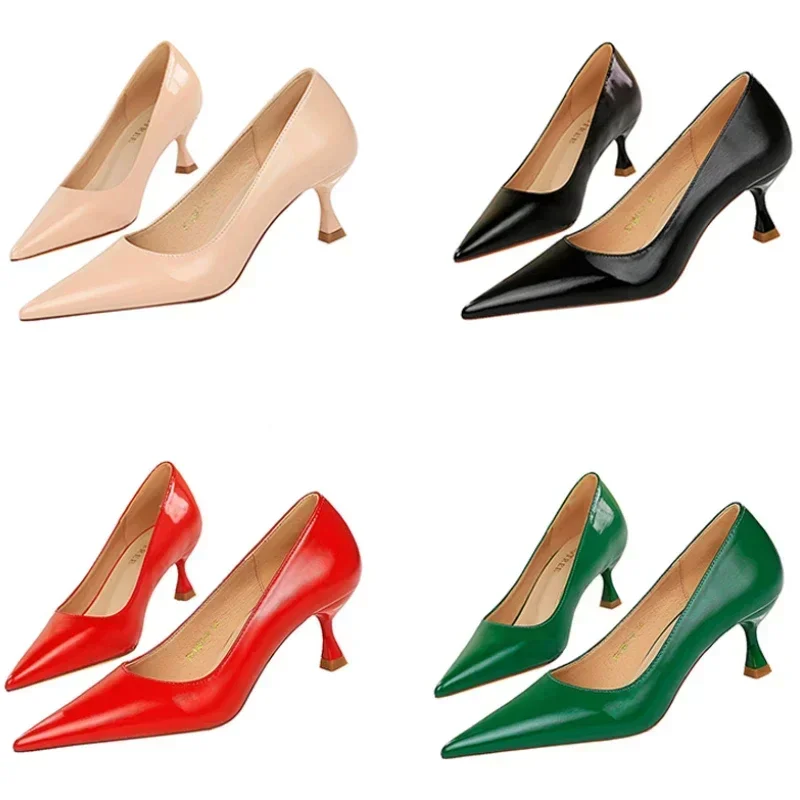 Ženy ľahké 5,5 cm vysoké podpätky Elegantné stručné pumpy mamičky Denná kancelária Špicatá špička lesklá kožená topánky plus veľkosť 34-43