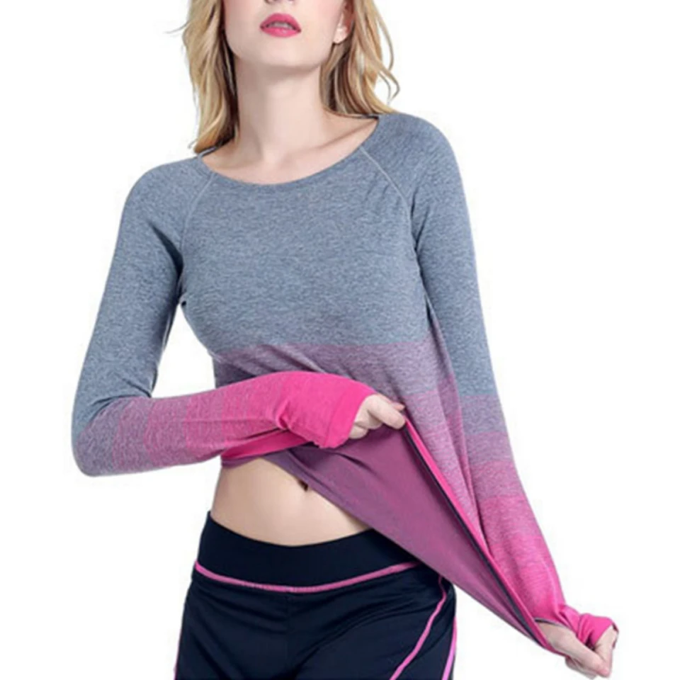 Ženy športové jogy košeľa priedušná posilňovňa bežecká fitness bežecká jogová tričko s dlhým rukávom košele gradient farebný rýchly suchý šport top