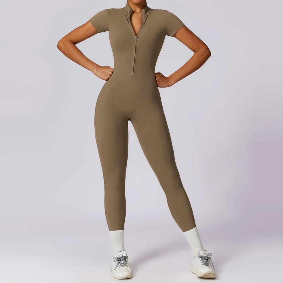 Ženy Športové zips Rompers Športové kombinézy Žena Fitness Celkovo tréning jogy set female telocvičňa s krátkym rukávom jednodielny oblek