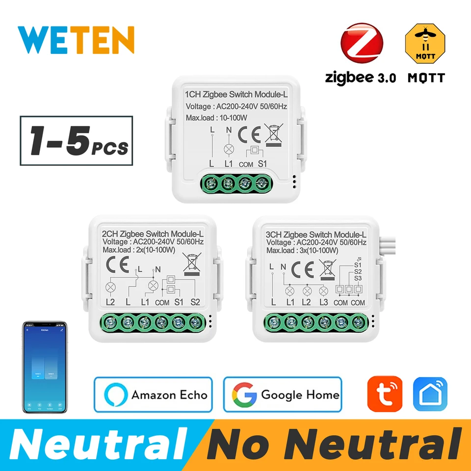 Žiadny neutrálny tuya zigbee 3.0 Mini prepínač inteligentného svetla 1 2 3 gang, podporujte domáceho asistenta prostredníctvom ZigBee2mqtt Alexa Google Home