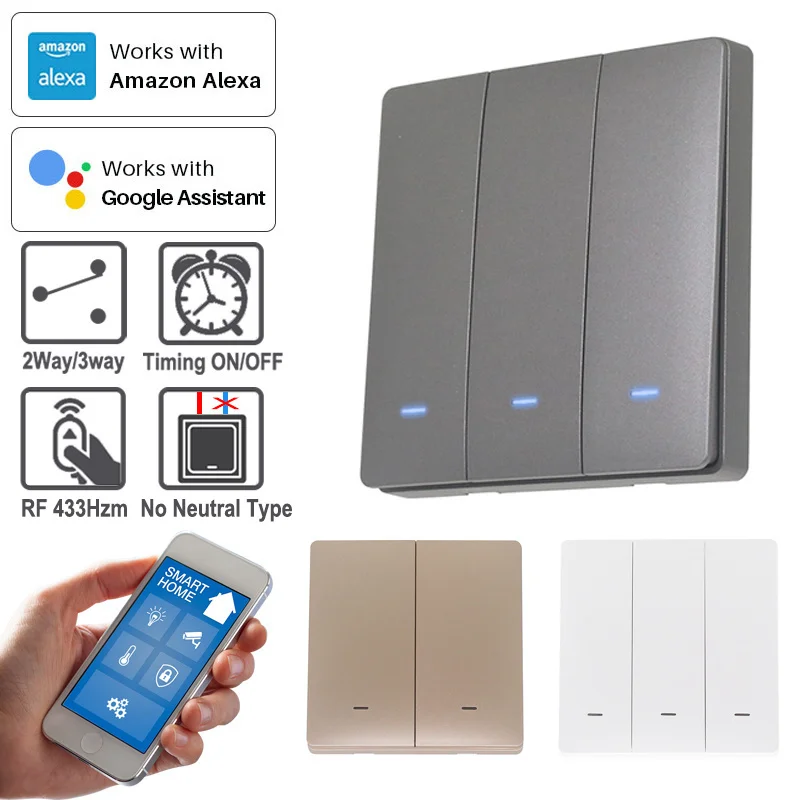 Žiadny neutrálny univerzálny wifi +rf433 gombíkový spínač na stenu 3-farebne modrá LED TUYA SMART HOME 2WAY/3WAY Alexa Google Home Alice Alice