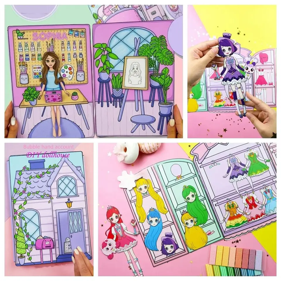 Žiadny rezný papier Doll House Girl Play Opakovane Diy Toy Paper Doll Dollt Kniha Princess Manual Sticker DIY Cute Princess Book