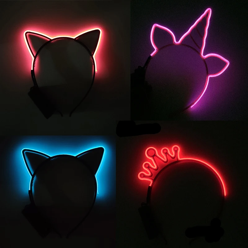 Žiariaca čelenka jednorožec koruna mačky uši LED LIGHT UP Hairband Luminous Party čelenka dievčaťu Dámske narodeniny pokrývky pokrývok