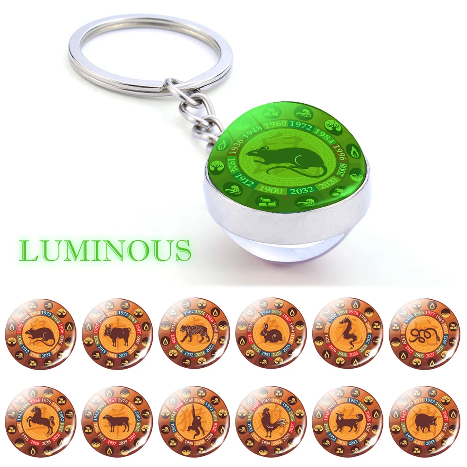 Žiariaca čínština 12 Zodiac Keychain Animal Zodiac potkan Ox Tiger Dragon Rooster Glass Luminous Luminous Keyring na novozele