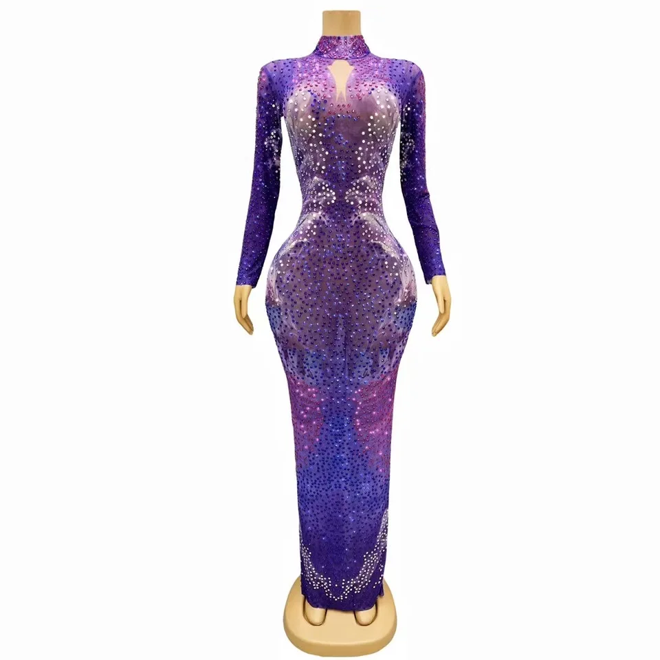 Žiariace plné kamienky pletelo purpurové dlhé šaty pre ženy luxus 2024 Nočné narodeniny oslavovať večerné plesové šaty Vestido