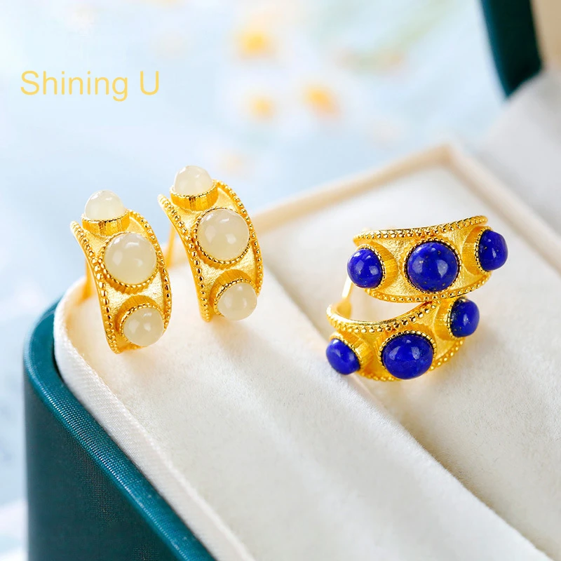 Žiariace vintage S925 strieborné lapis lazuli hetian jade geometrické náušnice pre ženy