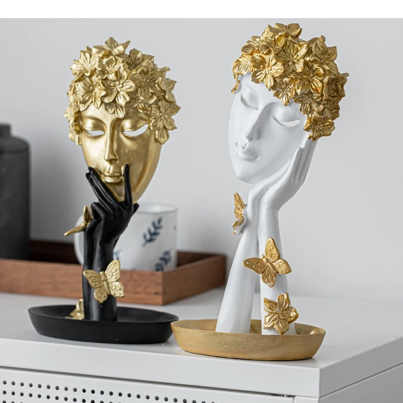 Živica Researy Golden Mask postava Socha Abstrakt tváre dievčenské dekoratívne figuríny Domáce dekorácie Príslušenstvo