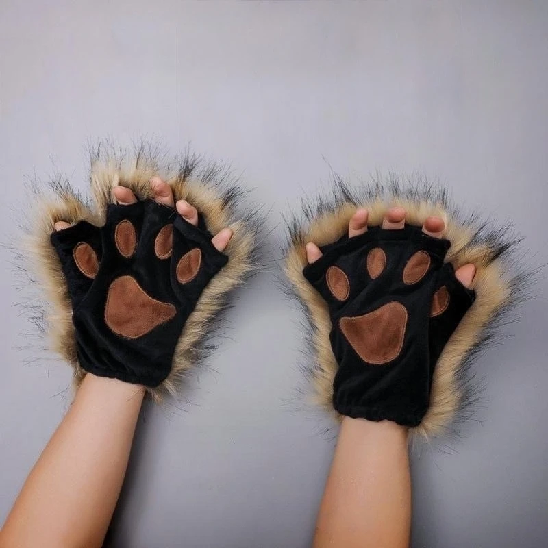 Živočíšne labky rukavice zimné rukavice bez prstov Fluffy Bear Cat Cat Plush Paw Claw rukavice Half Finger Cover Cover Cosplay Kostým príslušenstvo