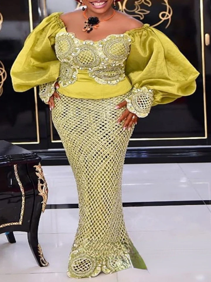 Žltá čipka mriežka Mermaid maxi šaty pre ženy Bodycon Dutlow Out Cold Ramer Puff Ruckve Appliques večer