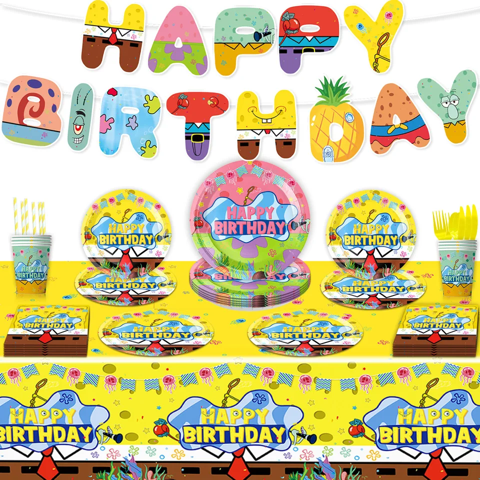 Žltý bob Sponge Narodeniny Dodávky dekorácie Krásne dodávky Patrick Star Party Supplies Cover Cover Cup Cup Plates Balóny