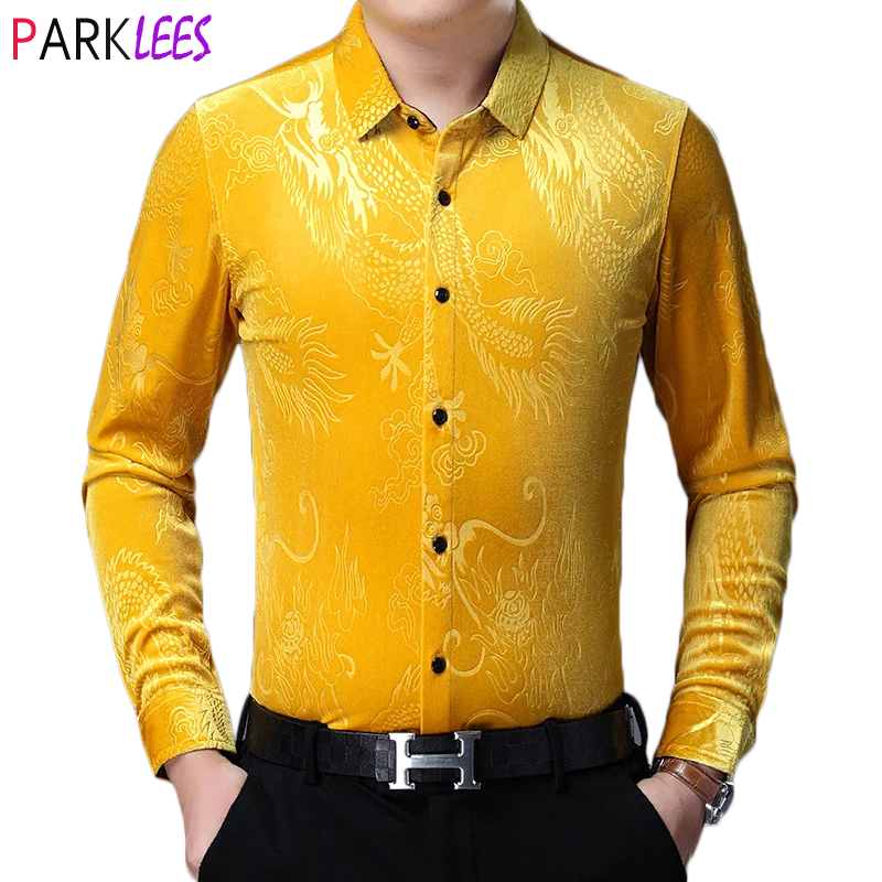 Žltý čínsky drak Jacquard Velvet košeľa Men Značka Slim Fit s dlhým rukávom Velor Dress košele pánske ležérne gombíky dole Chamise
