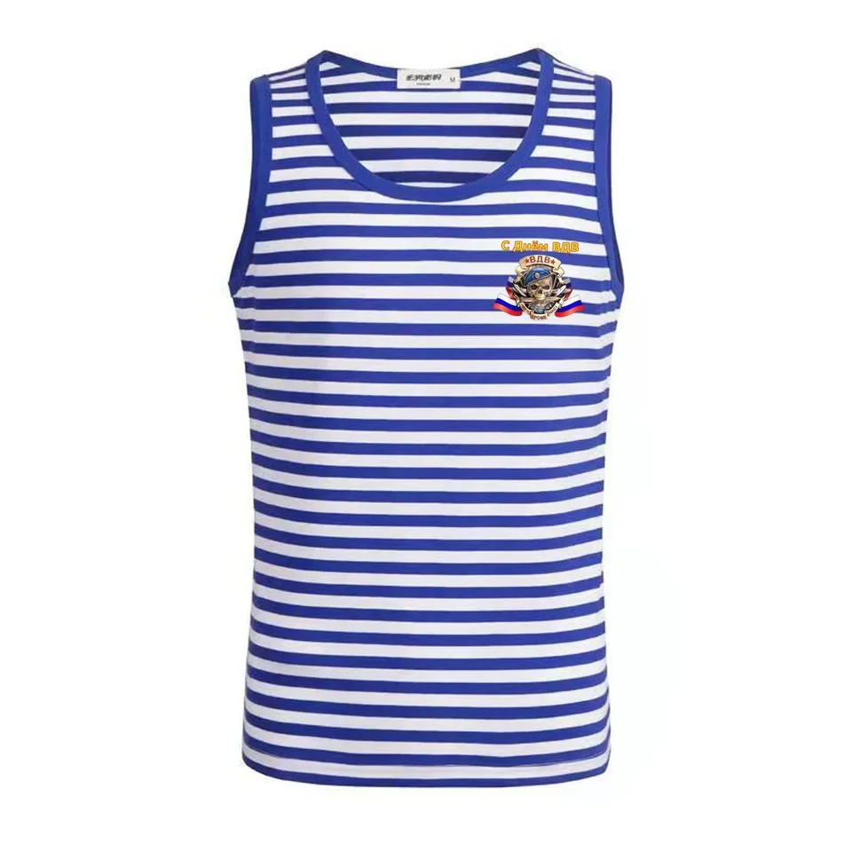 С днем ​​вв Russian Airborne Trtoops VDV Day Stripes Veste 100% bavlna O-Neck Pánske pruhované košeľa Námorné námornícke tank Top Telnyashka