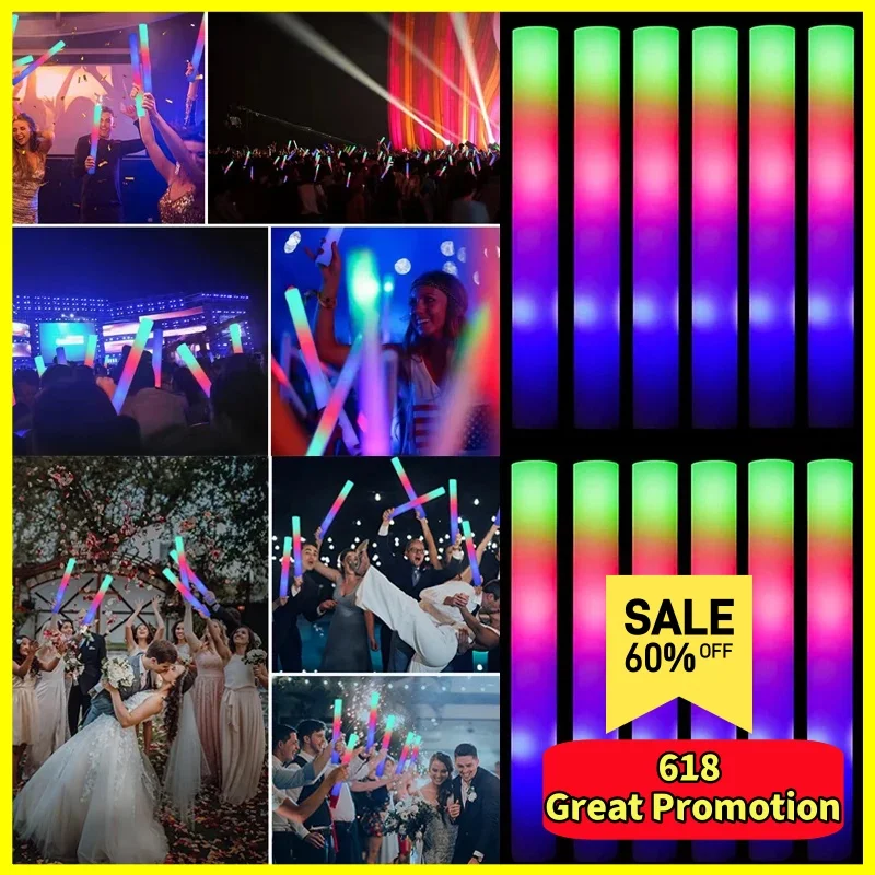 【618 Skvelá propagácia】 farebná RGB Glow Foam Foam Stick Led Glow Sticks BulkCcheer Tubový tmavé svetlo Vianočné narodeniny Svadobné večere Dodávky