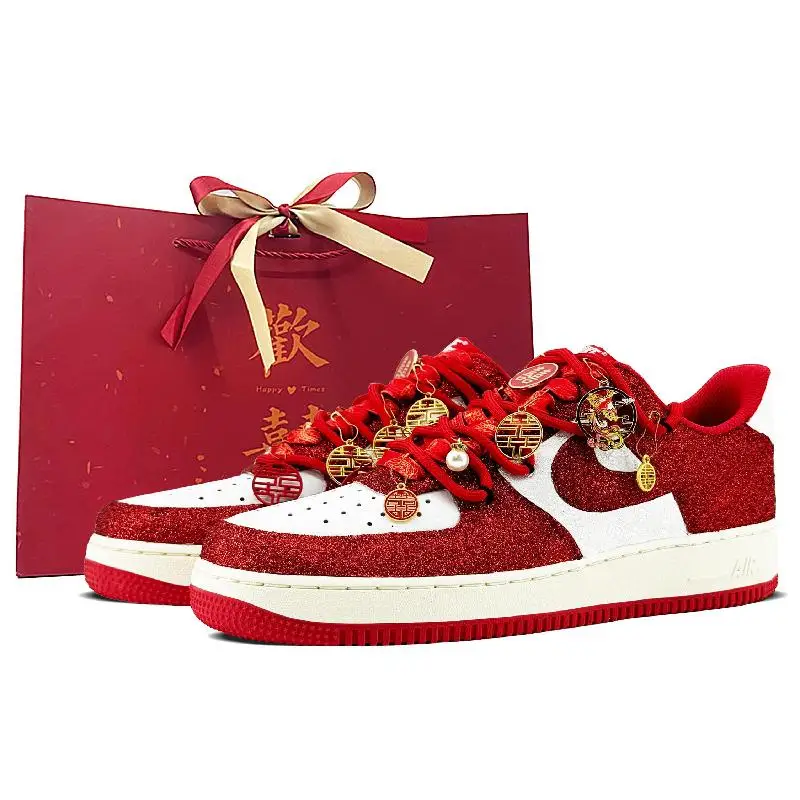【Prispôsobte】 Nike Air Force 1 Skateboarding Shoes Unisex Low-Top Red-Topové topánky FN7439-133
