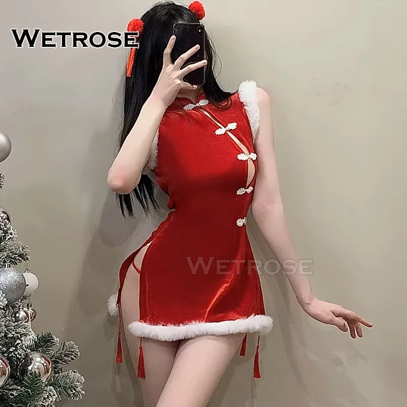 【Wetrose】 V skladoch vianočné kostýmy Cutie Cosplay Santa vianočný Nový rok Sexy horúce erotické sladké srdce Čínsky cheongsam