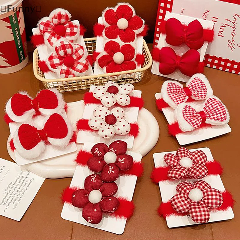 〔Zábavné〕 1Pair Fashion Bow Flower Elastic Hairbands Deti Sladké vlasové kravaty roztomilé červené čelenky Novoročné vlasové doplnky Darčeky